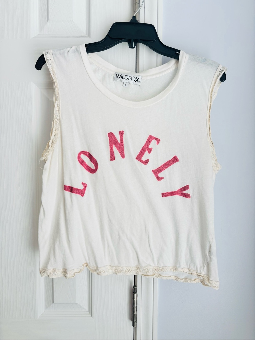 Wildfox White Tank with Pink "LONELY" Graphic and Lace Trim